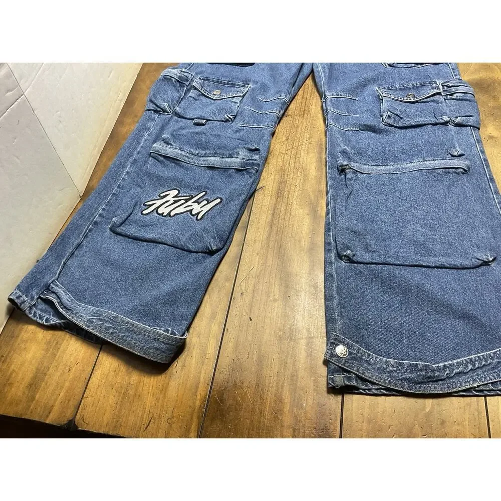 Forever 21 FUBU Denim Cargo Jeans Baggy Y2K Wide Leg Skater Womens Medium 28x31 - Picture 7 of 16